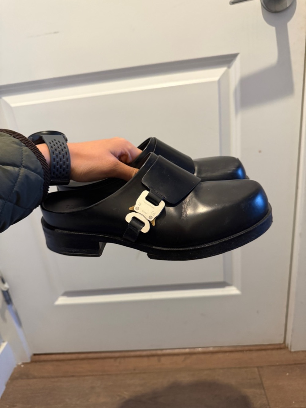 1017 ALYX 9SM Black Leather Mule Clogs with Silver Buckle